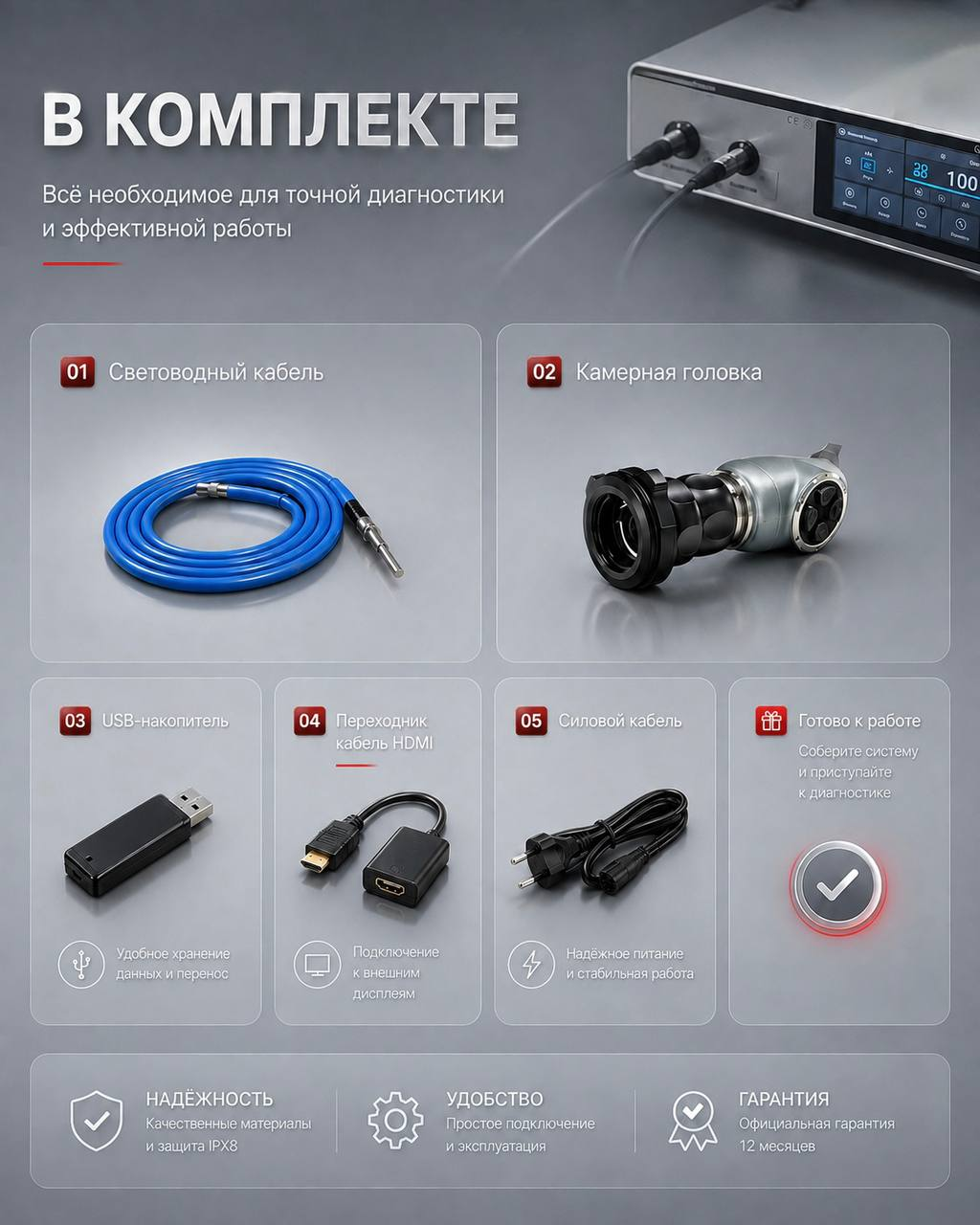 Комплектация ЭлМед 9100: световодный кабель, камерная головка, USB-накопитель, переходник HDMI и силовой кабель